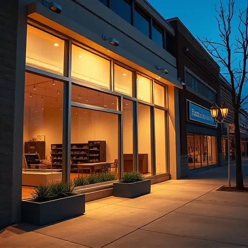 Modern storefront lighting system in Roanoke TX with warm fixtures, glass reflections, landscaped planters, and urban dusk scene