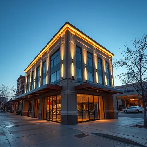 Professionally installed LED lighting enhances a modern commercial building facade in Fort Worth TX, creating a warm inviting glow.