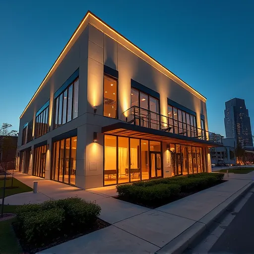 Freshly installed modern LED lighting highlights a Fort Worth commercial building's sleek design, glass, and metal details during twilight