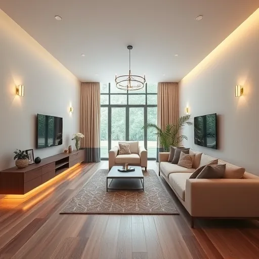 Modern living room in Irving, TX with seamless electrical installation, stylish lighting, and calming decor.