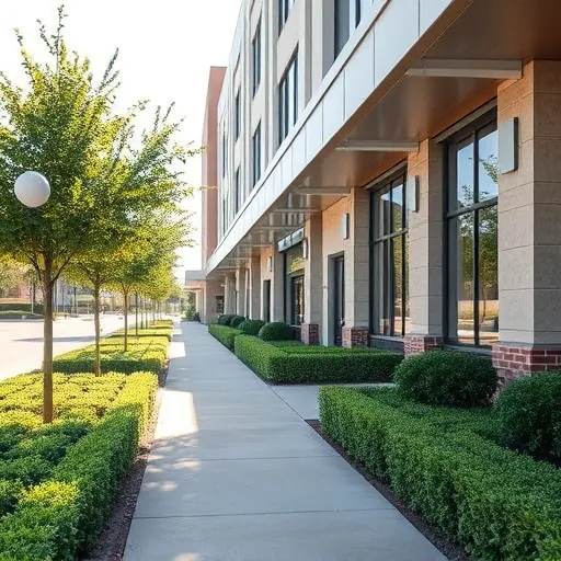 Energy-efficient LED lighting installation on a commercial building in Euless TX with sleek fixtures and lush landscaping