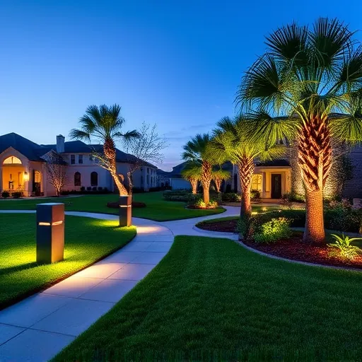 Completed outdoor lighting installation in Lake Worth TX with modern fixtures illuminating landscaped lawns and pathway with mature trees and architecture during late afternoon