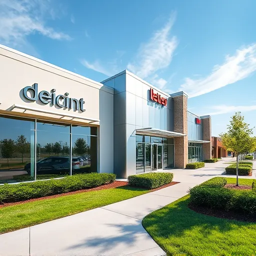 Newly completed energy-efficient LED lighting installation on a modern commercial building in Coppell Texas with landscaped surroundings