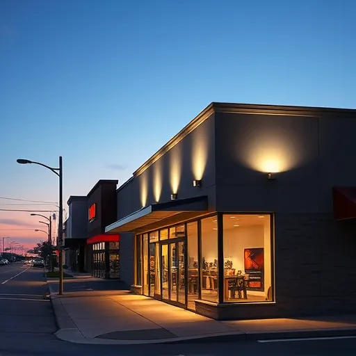 New LED lighting installation in Northlake TX highlights a commercial storefront at dusk with inviting illumination and shadows.