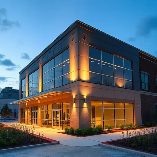 Recently completed modern commercial lighting installation in Mansfield TX featuring energy-efficient LED fixtures enhancing building facade at dusk