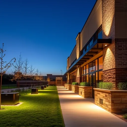 Modern outdoor lighting installation in Northlake TX highlights building textures and landscape with warm, inviting illumination