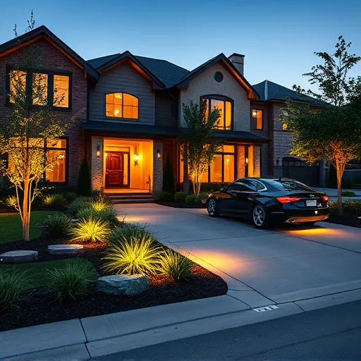 Outdoor residential lighting in Lewisville TX highlighting modern architecture, landscaped gardens, driveway, and twilight ambiance