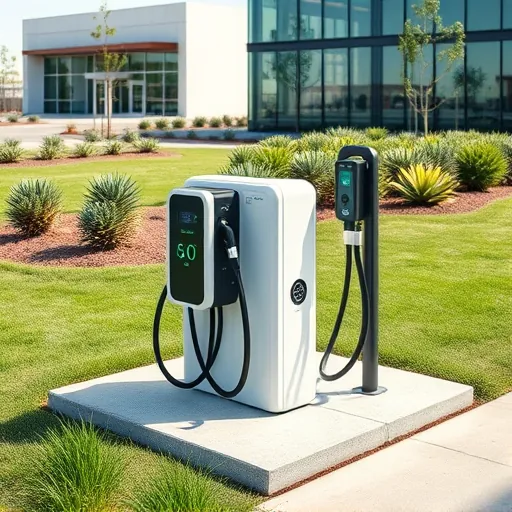Newly installed electric vehicle charger on a concrete pad in Fort Worth Texas with landscaping and modern buildings