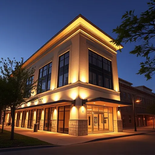 Completed lighting installation in Fort Worth TX showcasing modern building design with warm, inviting exterior lights.
