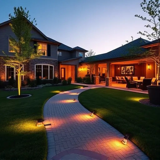 Modern outdoor residential lighting in Benbrook TX highlights LED fixtures, landscaped pathways, trees, and stylish home at dusk