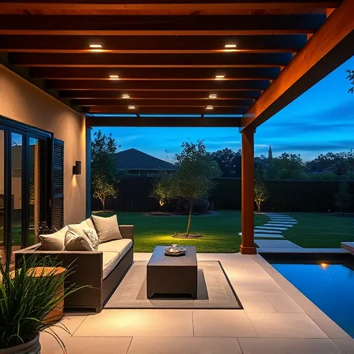 Modern outdoor porch in Westlake TX with recessed LED lighting, lush landscaped yard, and tranquil pool glow at twilight