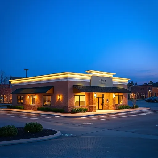 Completed lighting installation on a commercial building in Saginaw TX with warm LED exterior illumination at dusk