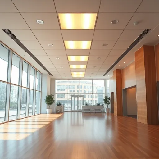Sleek commercial lighting system with LED fixtures in an inviting space featuring polished wood floors and large windows.