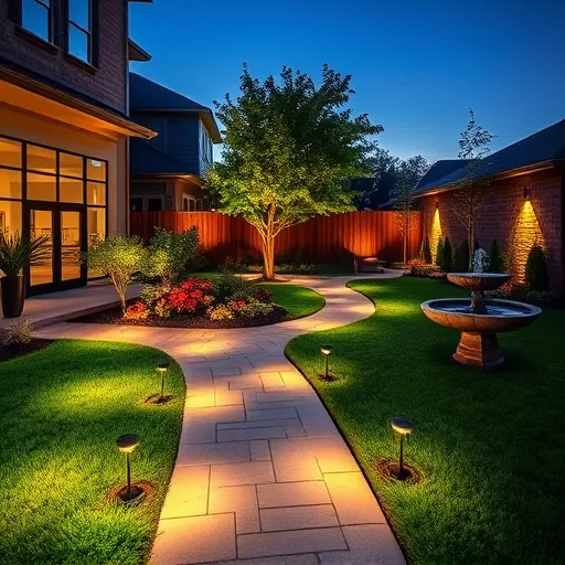 Modern residential backyard in Highland Village TX with LED pathway lights, garden spotlights, and elegant house lighting at dusk
