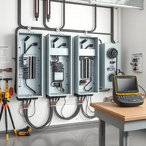 Completed electrical installation in Irving TX with modern panels, organized wiring, and professional tools in workspace.