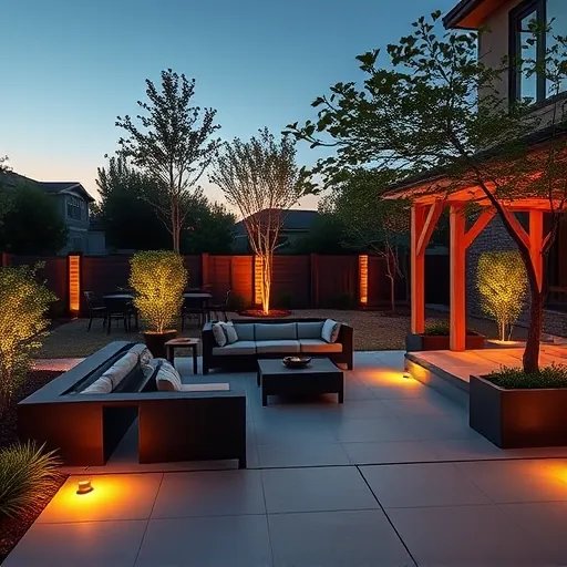 Freshly installed outdoor lighting in a modern Trophy Club backyard at dusk highlights elegant patio decor, lush landscaping, and twilight ambiance