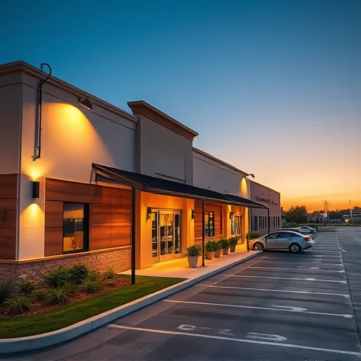Commercial building in Roanoke TX with well-crafted lighting fixtures illuminating the exterior at sunset, landscaped surroundings