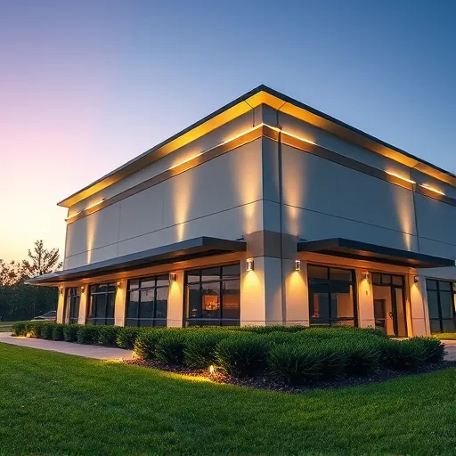 Completed modern commercial building in Euless TX with LED exterior lighting, polished surfaces, greenery, and twilight sky