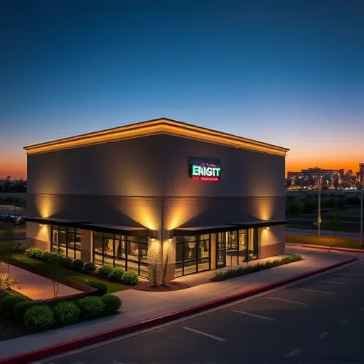 Completed modern LED lighting installation on a commercial building in Grand Prairie TX highlighting architectural details and landscape at night