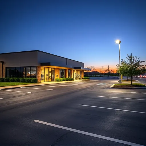 Saginaw TX parking lot lit by modern LED fixtures, reflecting quality lighting installation at twilight.