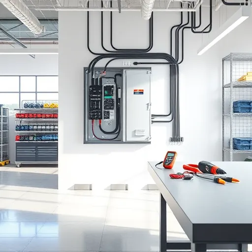 Modern electrical installation in Mansfield TX with organized panel, tools, and tidy workshop showcasing reliability.
