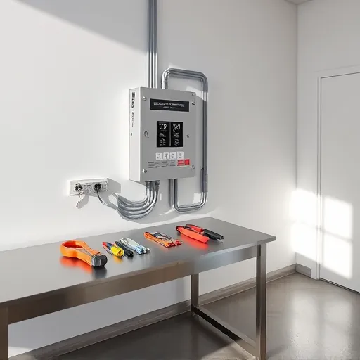 Modern electrical installation in Bedford TX with sleek silver panel, organized wires, and professional tools on workbench.