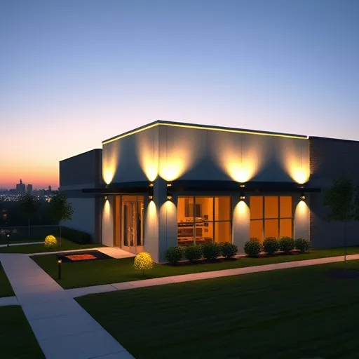 Lighting installation on modern Mansfield TX commercial building exterior with LED fixtures illuminating architectural details at dusk