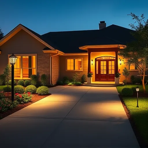 Modern outdoor lighting system in Burleson TX illuminating a driveway, garden, and porch in a serene evening setting.