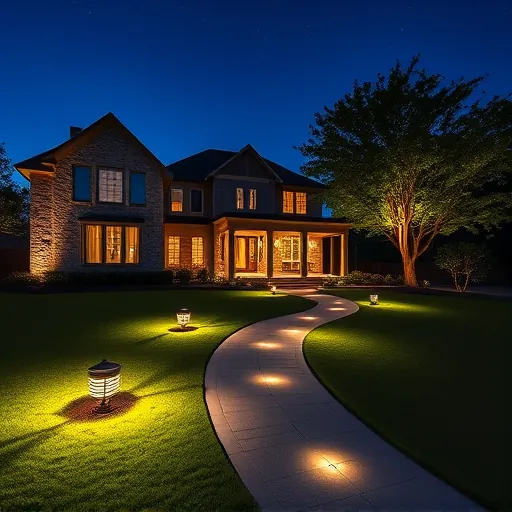Elegant residential outdoor lighting at dusk in Grapevine TX highlighting modern architecture, pathway lights, and landscaped trees