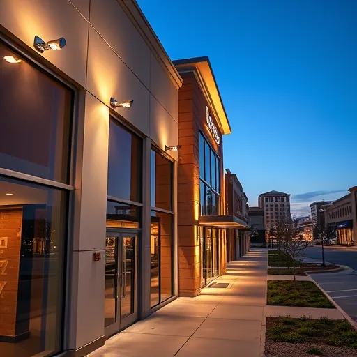 Finished lighting installation in Justin TX showcasing modern building facade illuminated by LED lights in warm and cool tones.