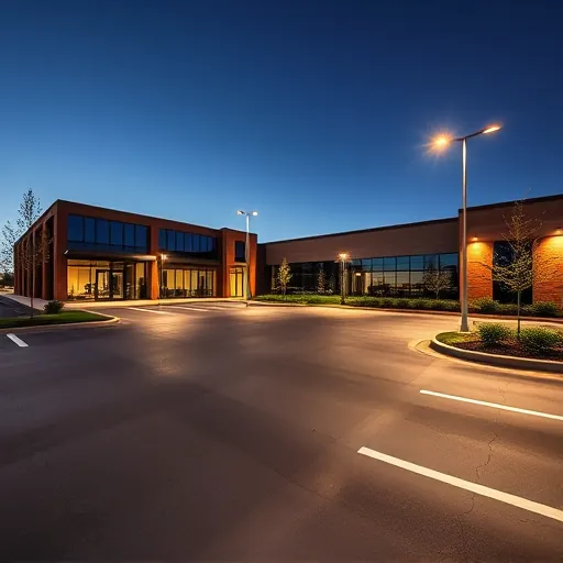 Completed outdoor LED lighting system illuminating a Northlake TX commercial parking lot at dusk with landscaped surroundings