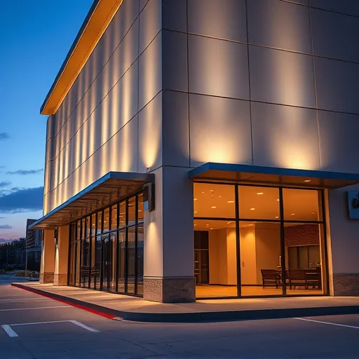 recently installed modern LED lighting on a commercial building in Grand Prairie TX highlighting architectural features and ambiance
