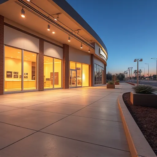 Modern outdoor commercial lighting system in Grand Prairie TX illuminating a sleek storefront at dusk with polished concrete and landscaping