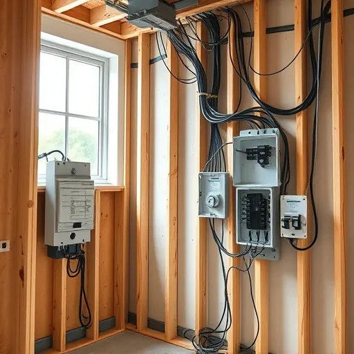 Organized electrical wiring in a modern residential utility room with labeled circuit breakers, cable management, and drywall integration