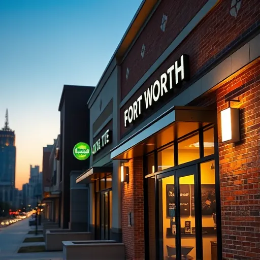 Freshly installed energy-efficient LED lighting on a Fort Worth commercial building's facade at twilight highlights modern fixtures and cityscape.
