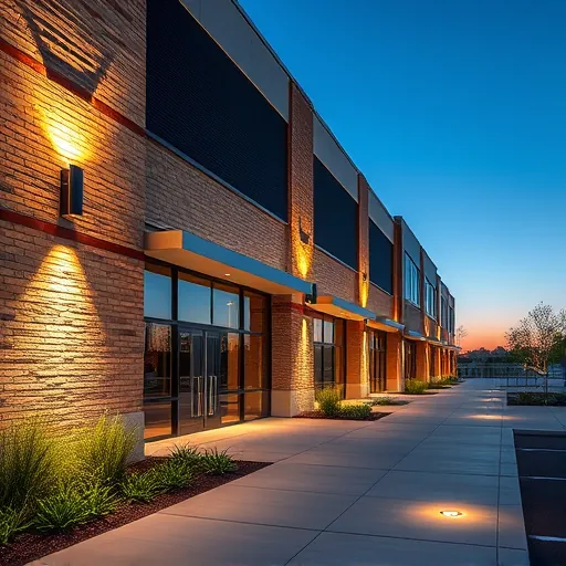 Completed exterior lighting installation on modern Northlake TX commercial building highlighting textured brick glass windows and landscaping