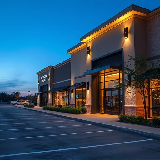 Lighting installation in Azle TX with modern LED fixtures illuminating a commercial building's exterior at dusk