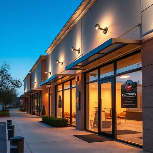 Modern commercial lighting in Southlake TX highlighting sleek storefronts, glass reflections, landscaping, and architectural details