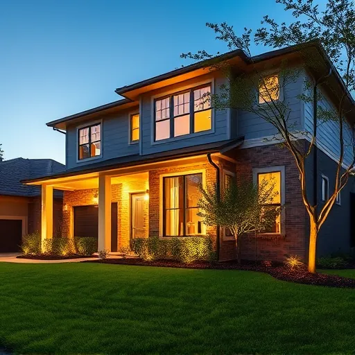 Modern residential house in The Colony TX illuminated by warm LED lighting with fresh landscaping under twilight sky