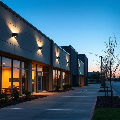 Modern LED outdoor lighting system illuminating a commercial building exterior in Arlington Texas at dusk with warm, crisp light and landscaped surroundings