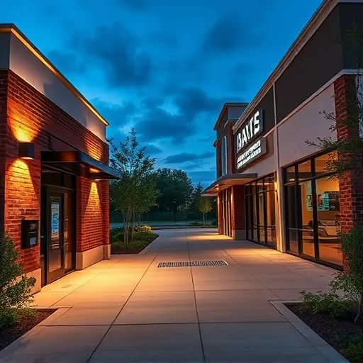 Modern building exterior in Bedford TX with LED wall, recessed, and pathway lighting enhancing nighttime curb appeal