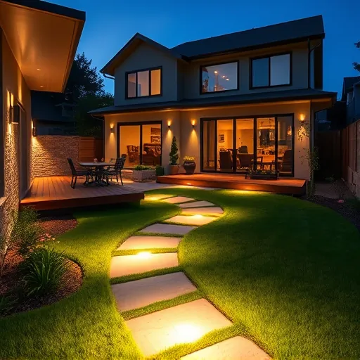 Modern outdoor backyard in Hurst Texas with energy-efficient LED lighting illuminating landscaped garden, patio, deck, and stone pathway at twilight