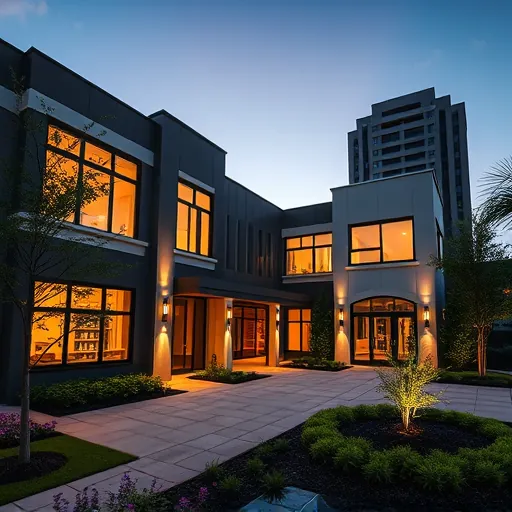 Finished lighting installation on a modern building in Euless TX with warm LED glow illuminating architecture and landscaping at dusk