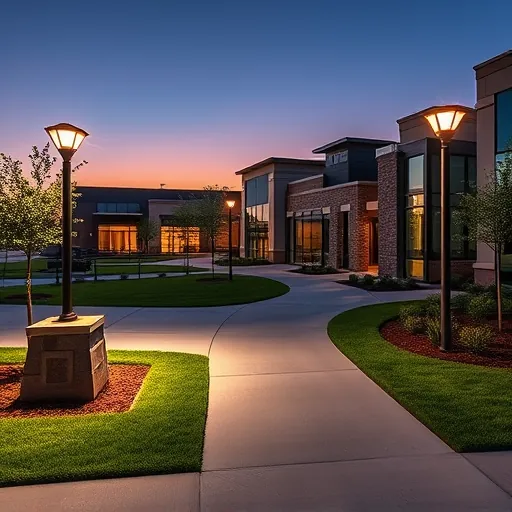 Outdoor commercial lighting in Southlake TX illuminating landscaped modern architecture at dusk with LED fixtures and warm glow