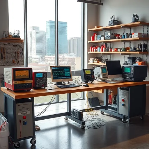 Organized Fort Worth electrical workshop with testing tools, labeled shelves, natural light, and cityscape view highlighting expertise