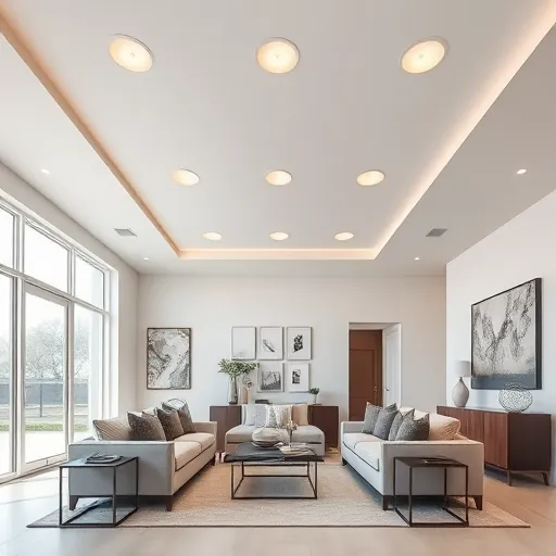 Fully remodeled Fort Worth living room with modern ceiling fixtures recessed lighting warm LED glow stylish furniture hardwood floors natural light