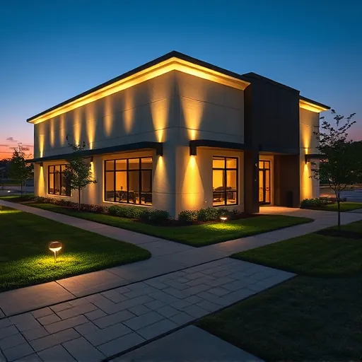 A modern commercial building in Lewisville, TX, beautifully illuminated at dusk with stylish LED lighting and landscaped surroundings.