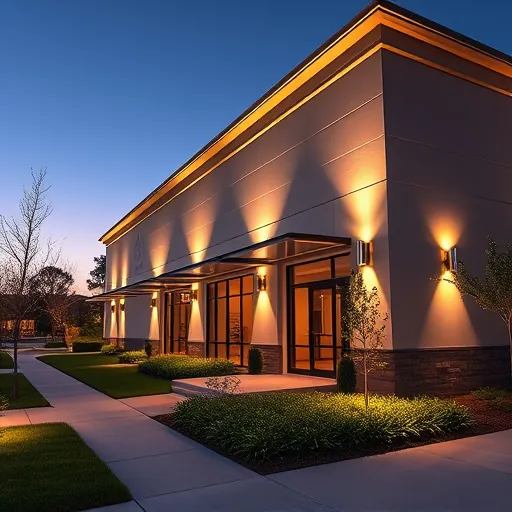 Modern building exterior in The Colony TX illuminated by LED lights highlighting architecture with greenery and pathways at dusk
