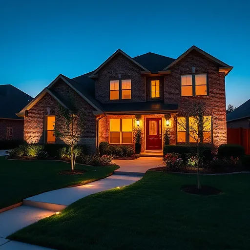 Modern residential lighting installation in Azle TX at dusk with LED lights illuminating garden and facade.