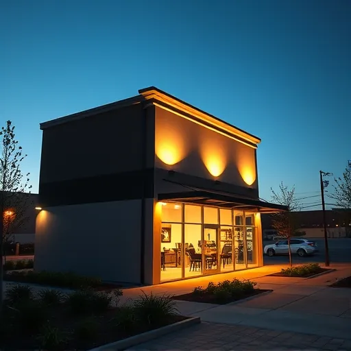 Freshly completed outdoor commercial lighting installation in Haltom City TX Featuring modern LED fixtures illuminating a sleek storefront with landscaped surroundings at dusk